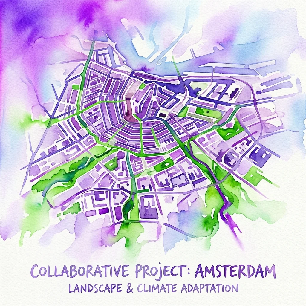 Waterverfkaart van Amsterdam met groene wiggen en stedelijke gebieden, die een samenwerkingsproject over landschap en klimaatadaptatie vertegenwoordigt.