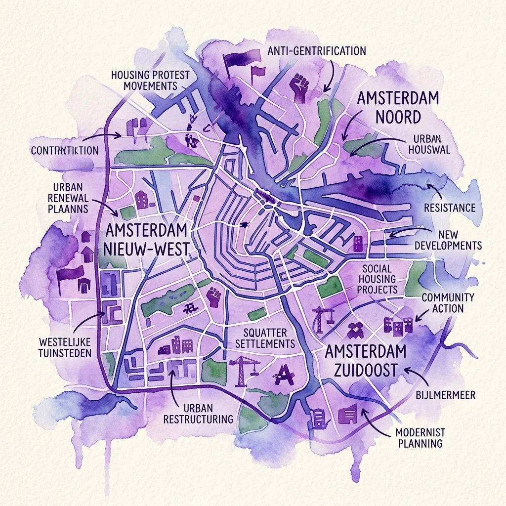 Mapka akwarelowa dzielnic Amsterdam Północ, Zachód i Południowy Wschód, ilustrująca ruchy protestacyjne dotyczące mieszkalnictwa, plany odnowy urbanistycznej, działania anty-gentryfikacyjne i akcje społeczne z koncepcyjnymi adnotacjami.