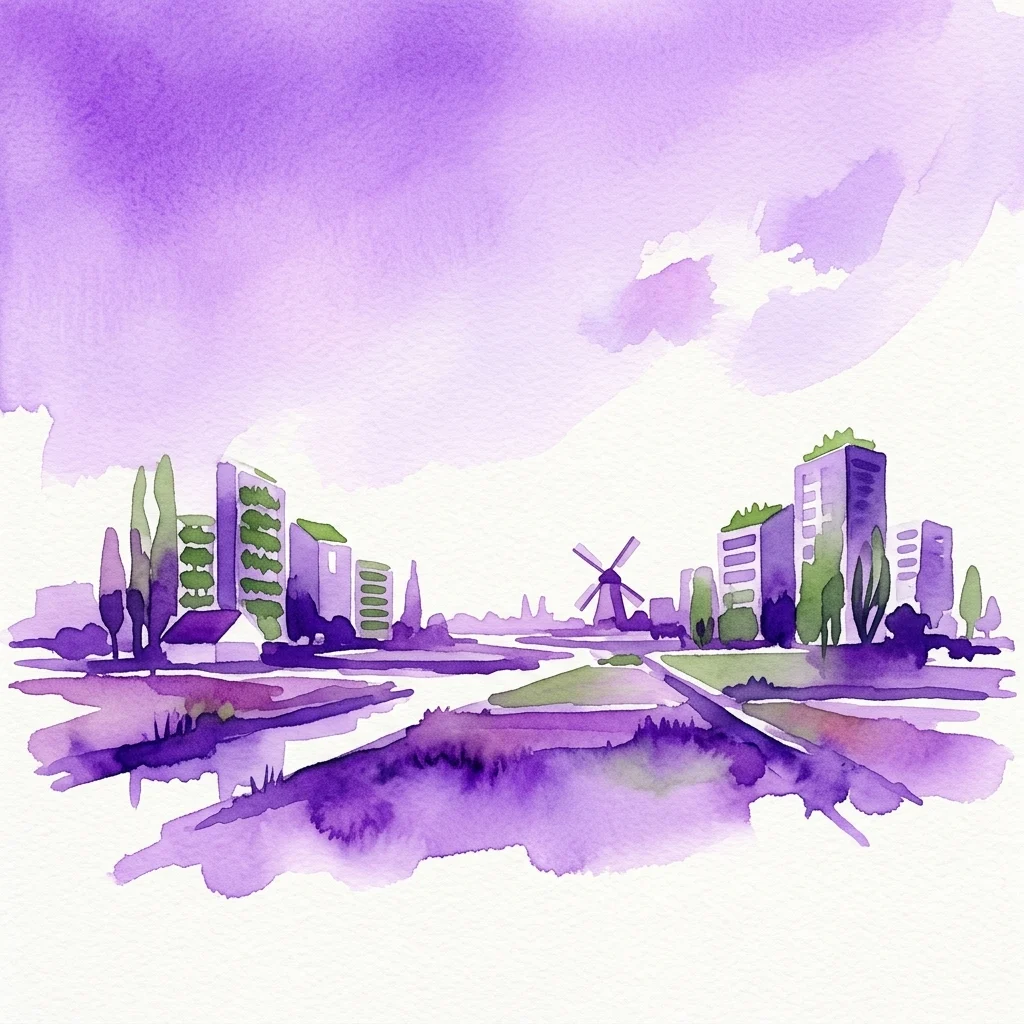 Ilustracja akwarelowa holenderskiego krajobrazu, łącząca nowoczesną, zrównoważoną architekturę z tradycyjnymi elementami, takimi jak wiatraki, pod niebem zabarwionym na fioletowo, symbolizująca pełen nadziei rozwój miejski.