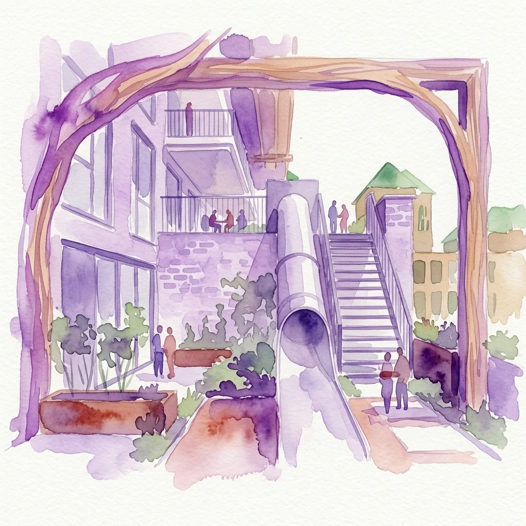 Ilustración en acuarela del edificio residencial Cornelis en Ámsterdam, con un arco de madera, escalera comunitaria y espacios exteriores que promueven la interacción social entre los residentes.