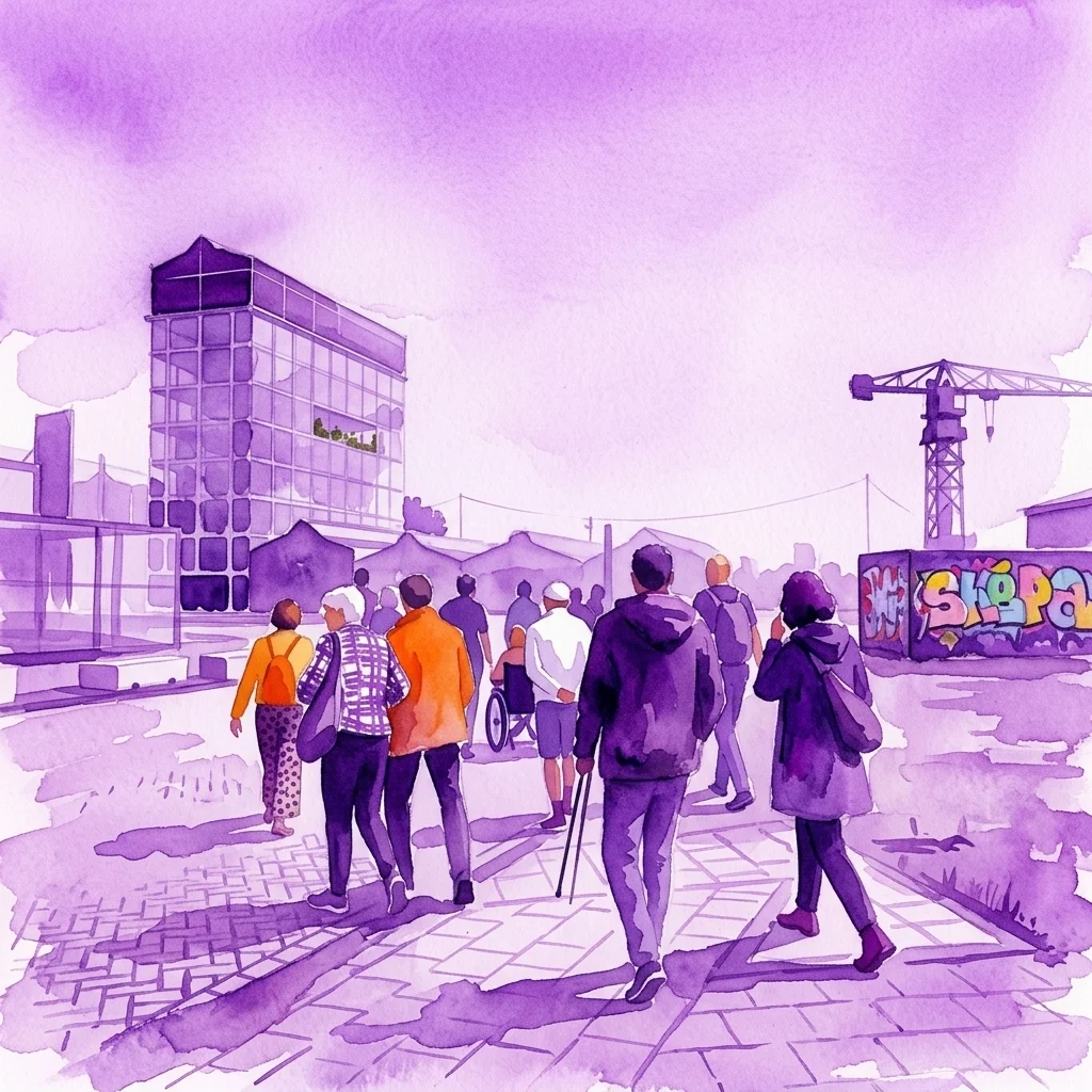 Ilustracja akwarelowa przedstawiająca zróżnicowane osoby spacerujące w miejskim otoczeniu, z nowoczesną architekturą, dźwigiem i graffiti, odzwierciedlająca temat dostępności z okazji Dnia Architektury Amsterdam 2023.