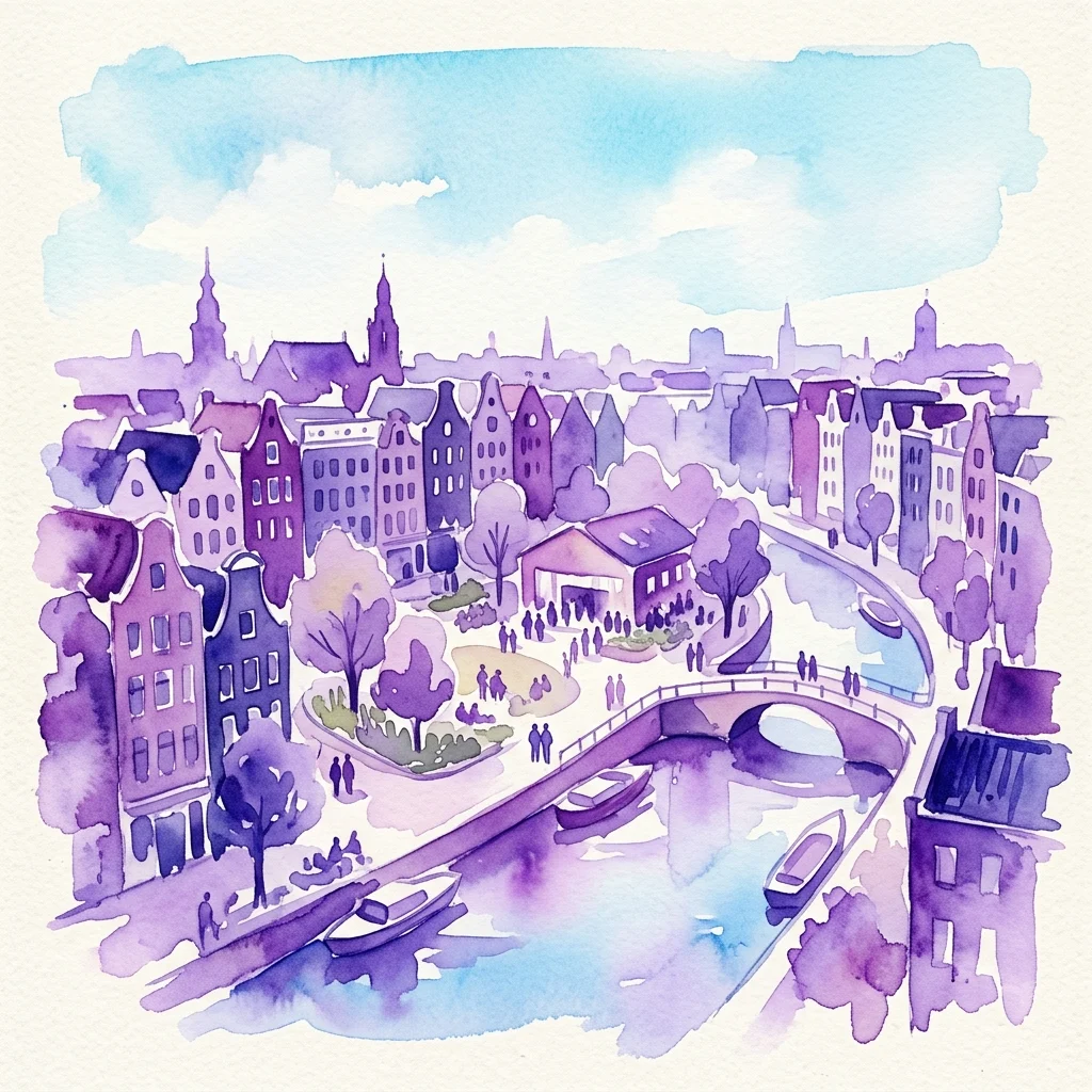 A watercolor illustration of Amsterdam's cityscape with canals, historic buildings, and a community space, reflecting the theme of collective urban development for the Day of Architecture 2026.
