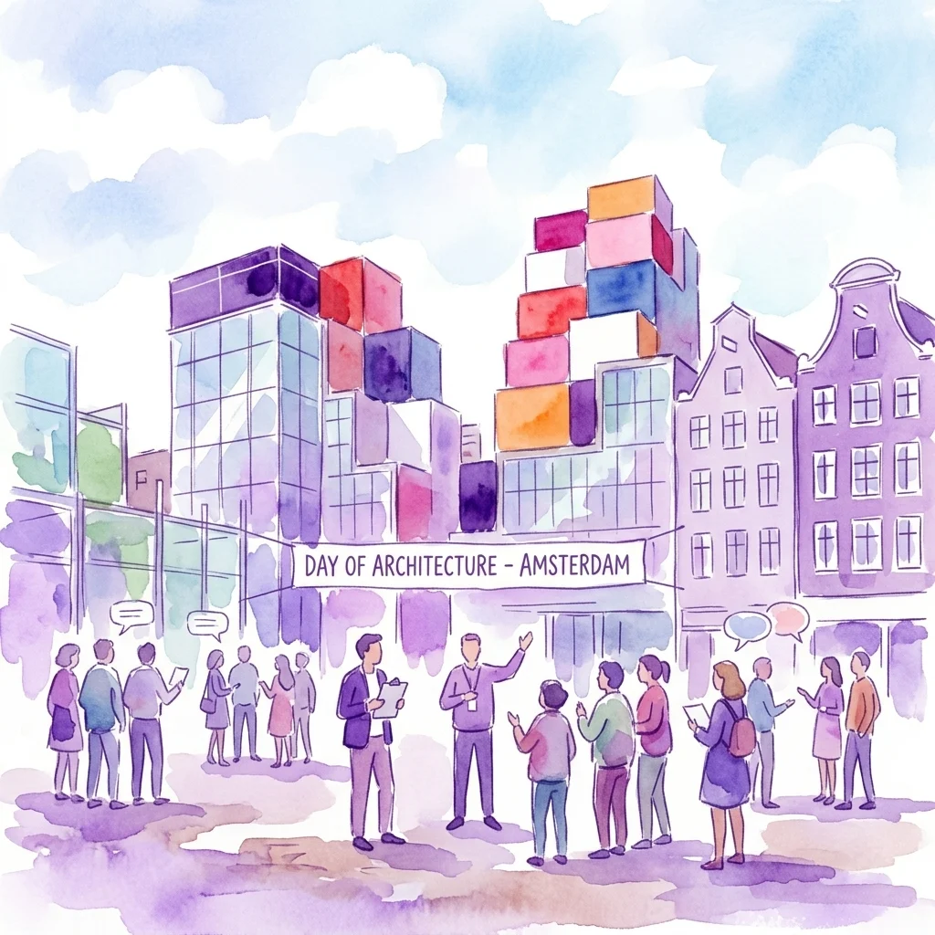 A watercolor illustration of the Day of Architecture in Amsterdam, showing people gathered around modern and traditional buildings under a bright sky, with a banner reading 'DAY OF ARCHITECTURE - AMSTERDAM'.