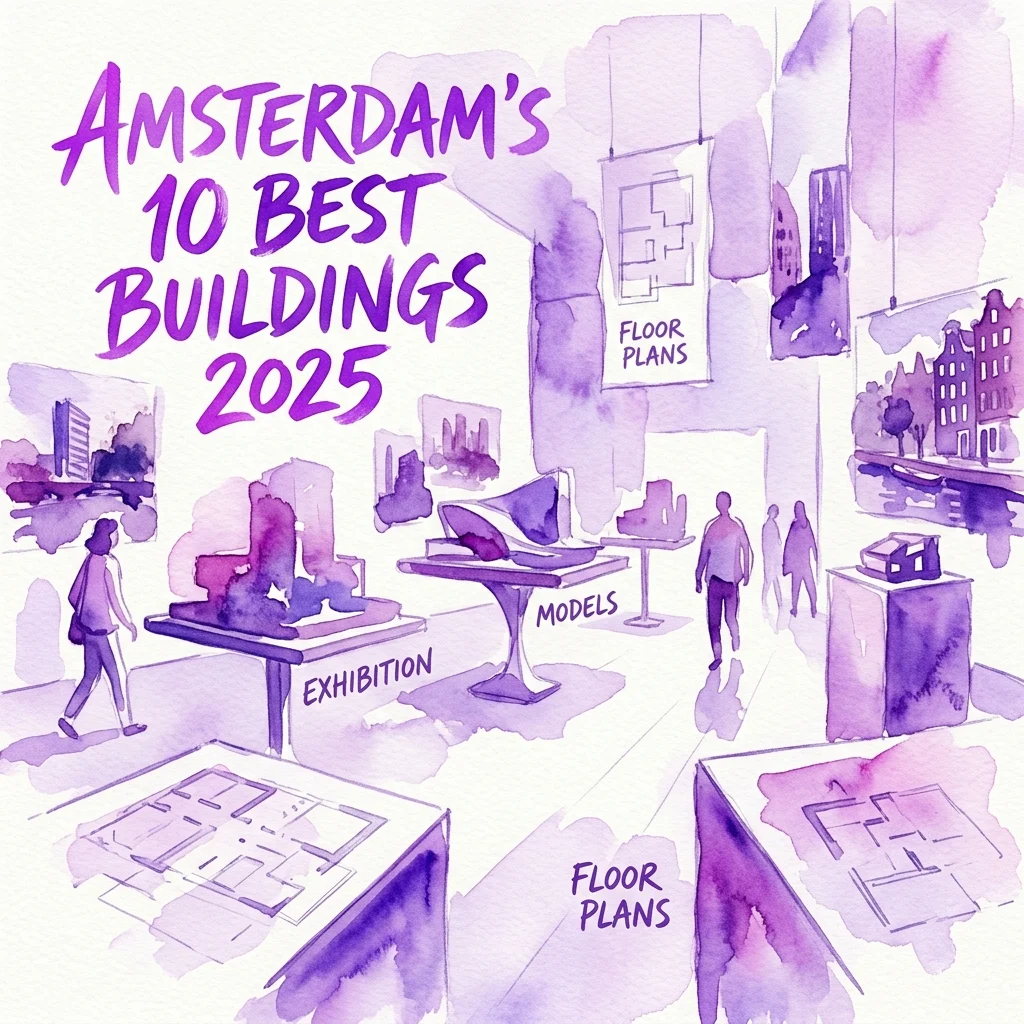 An illustrated exhibition display featuring architectural models, floor plans, and photos of Amsterdam's 10 best buildings for 2025, with visitors exploring the exhibit.