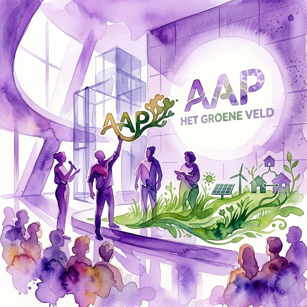 Een aquarelillustratie van een symbolische prijsuitreiking voor de 'Alternatieve AAP'-prijs, met een figuur die een gouden 'AAP'-trofee vasthoudt boven een groen landschap met het label 'Het Groene Veld', gesitueerd in een moderne architecturale ruimte.
