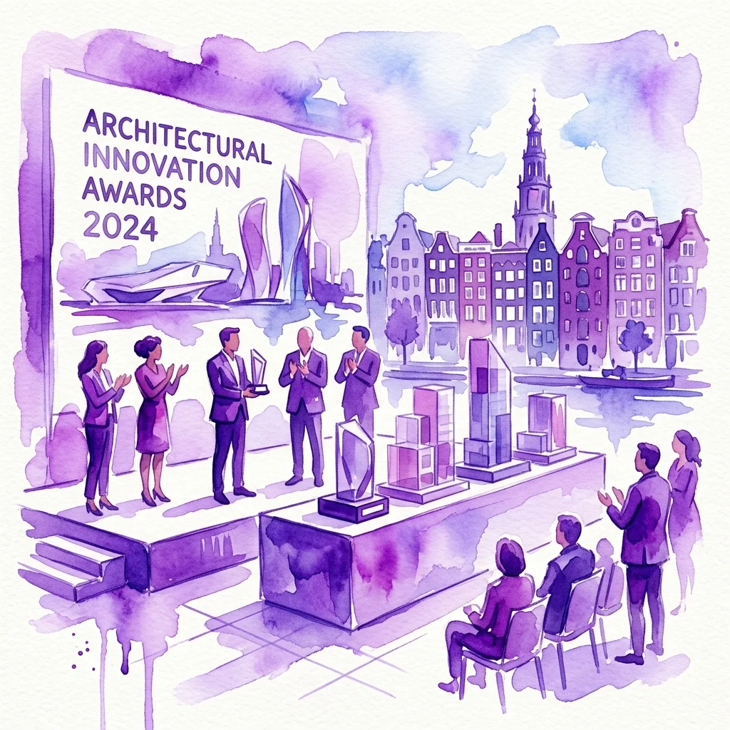 Ilustracja akwarelowa Nagród Innowacji Architektonicznych 2024, przedstawiająca scenę z aplaudującymi uczestnikami, trofeami i modelami architektonicznymi, na tle panoramy Amsterdamu.
