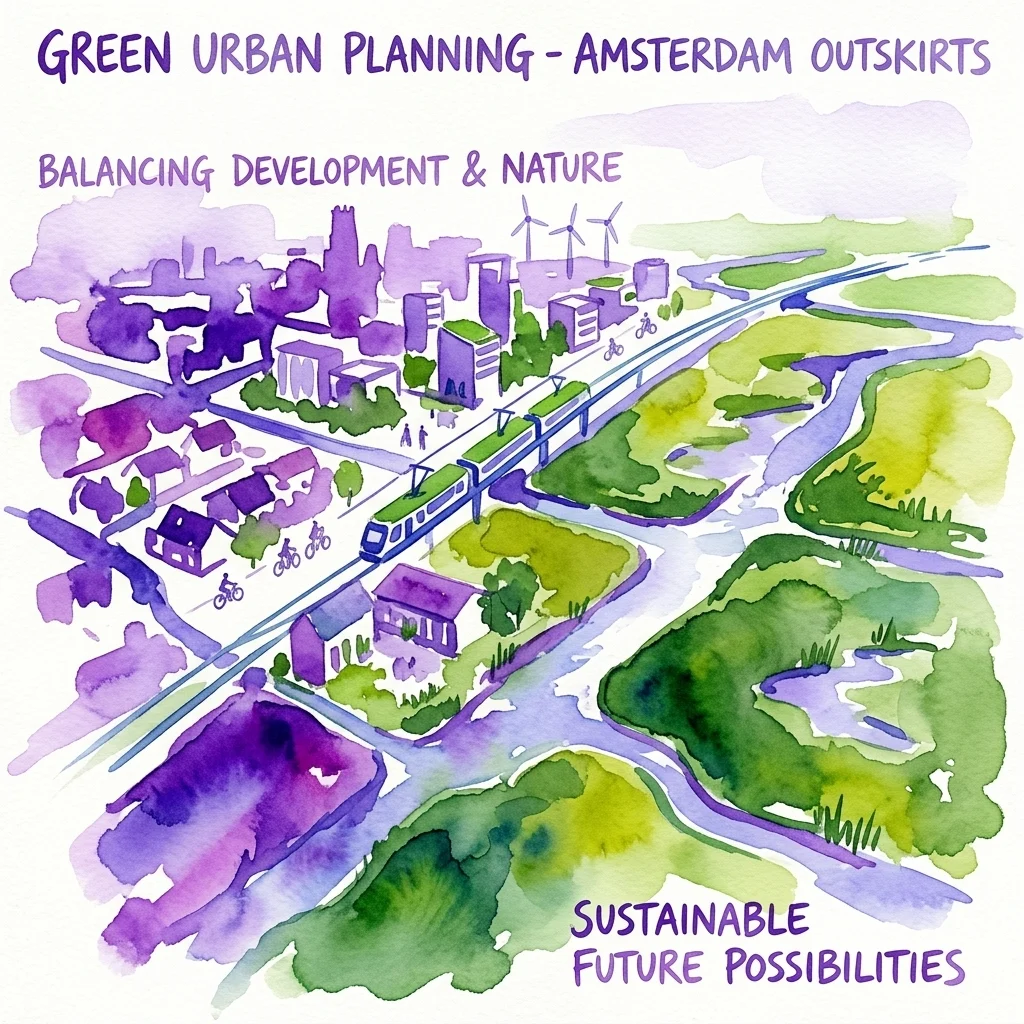 Waterverfillustratie van groen stadsontwerp in de buitenwijken van Amsterdam, met een trein, windturbines en een balans tussen ontwikkeling en natuurparken.