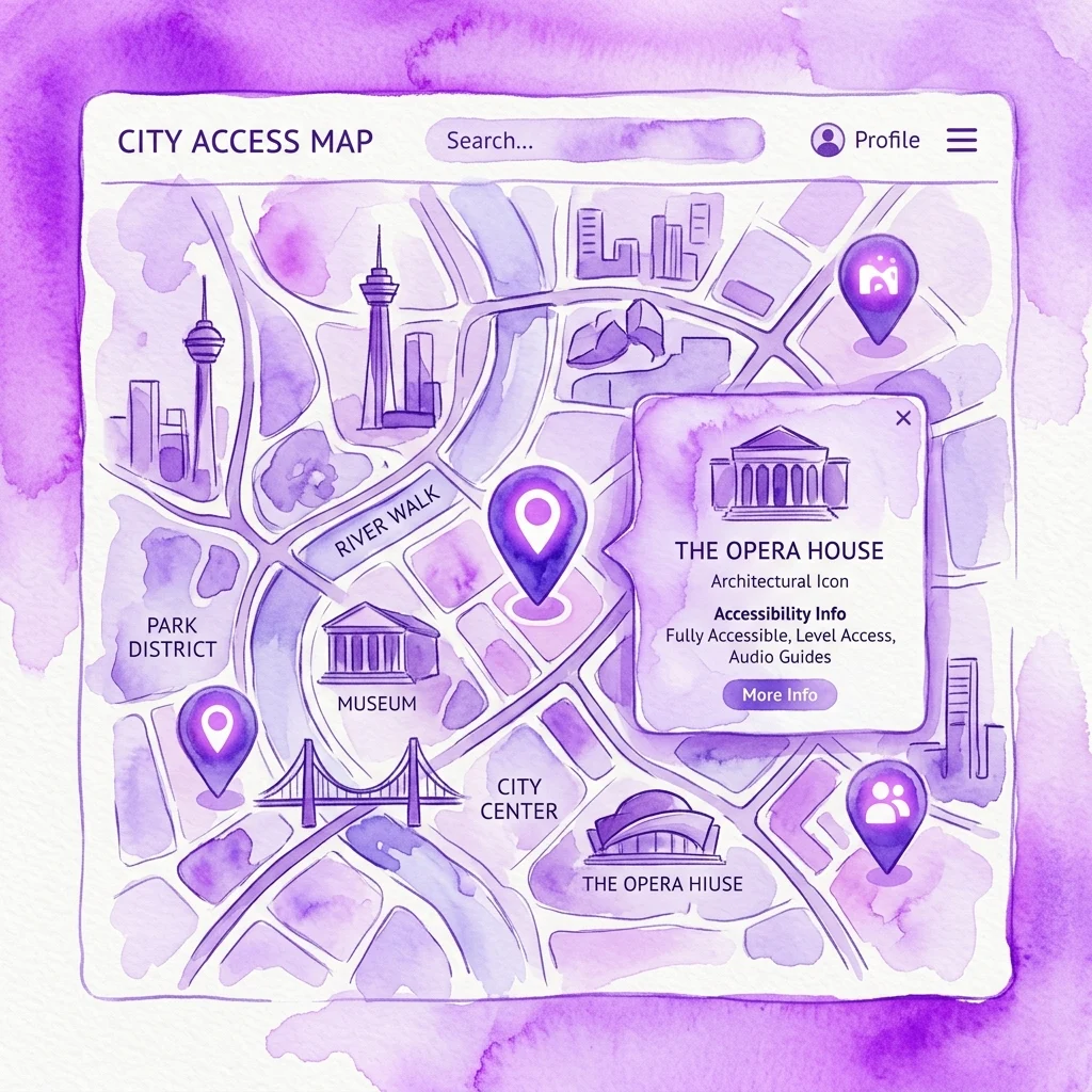A purple watercolor-style digital map titled 'City Access Map' showing architectural landmarks like the Opera House, Museum, and River Walk, with interactive pins and pop-up information boxes.