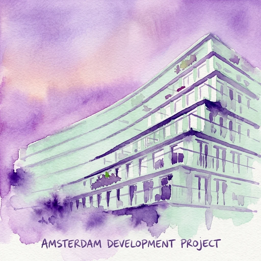 Ilustración en acuarela de De Jakoba, un proyecto moderno de vivienda social en el distrito Overhoeks de Ámsterdam, con balcones curvos y una fachada verde claro.