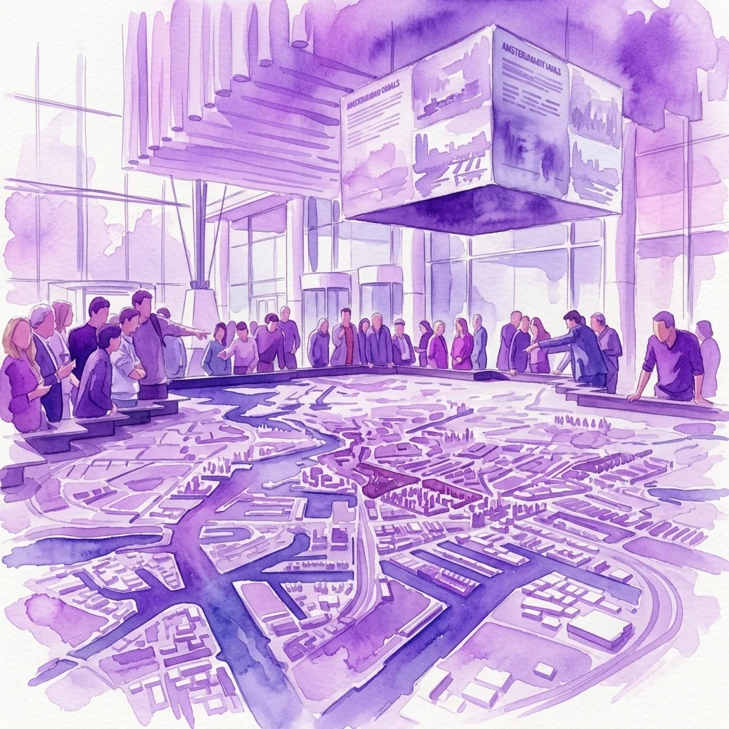 Duży model Amsterdamu wydrukowany w 3D w skali 1:2000, prezentowany na wystawie, gdzie zwiedzający odkrywają interaktywne historie o miejskim krajobrazie miasta w przeszłości, teraźniejszości i przyszłości.