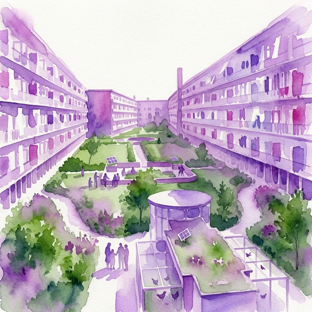 Waterverfillustratie van Geuzenhof, een historisch Amsterdams wooncomplex met mid-century modern gebouwen, groene binnenplaatsen en mensen die interactie hebben in gemeenschappelijke ruimtes.
