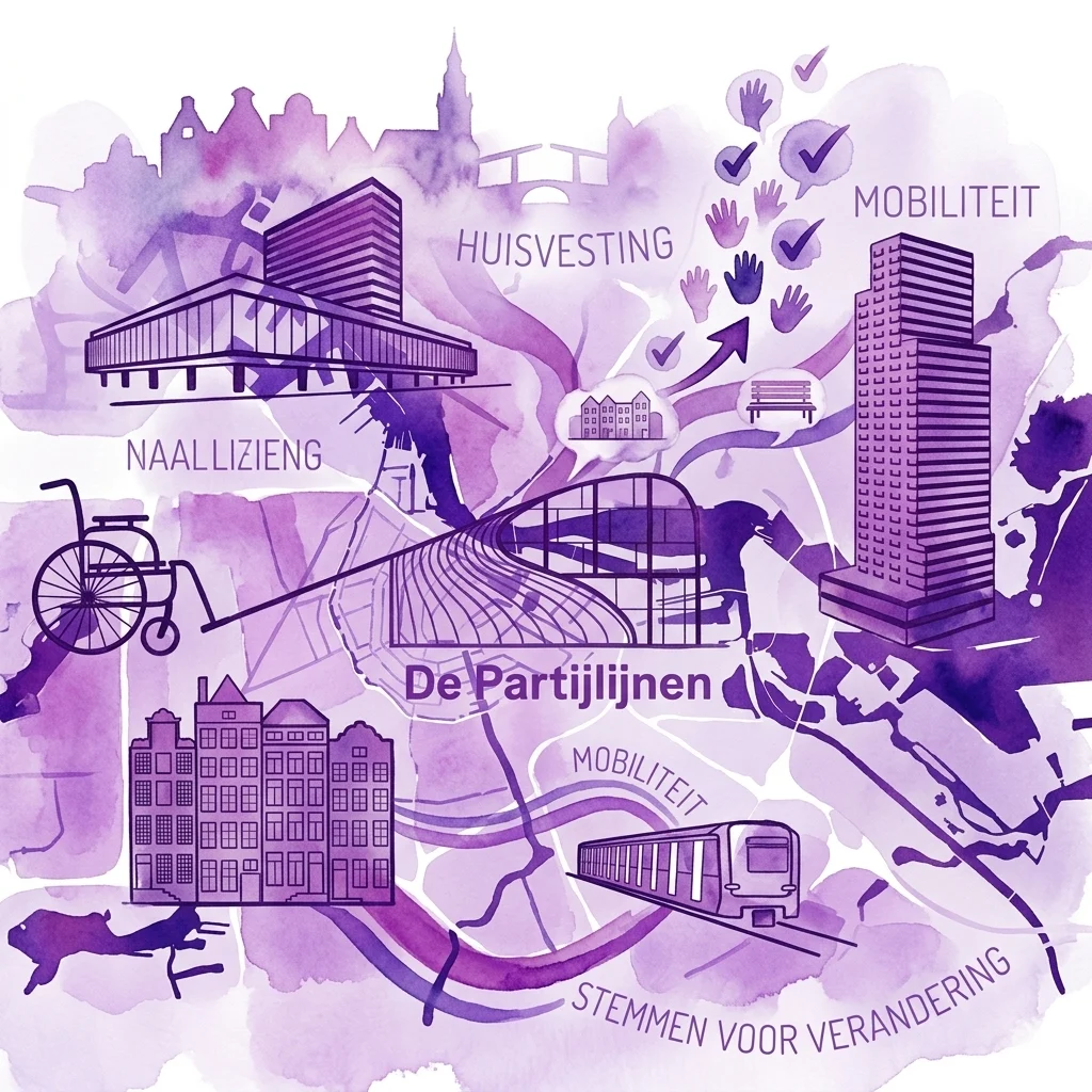 Een paarse aquarelillustratie van het Amsterdamse stadslandschap met architectonische elementen, stadskaarten en tekstlabels zoals 'Huisvesting', 'Mobiliteit' en 'De Partijlijnen', die politieke verkiezingsbeloftes voor stadsontwikkeling weergeven.
