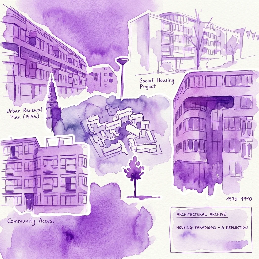 Fioletowa ilustracja akwarelowa szkiców architektonicznych i planów odnowy miast z lat 70-90 XX wieku, w tym projekty mieszkań socjalnych i projekty dostępu społeczności, oznaczone jako część archiwum architektonicznego odzwierciedlającego paradygmaty mieszkalnictwa.