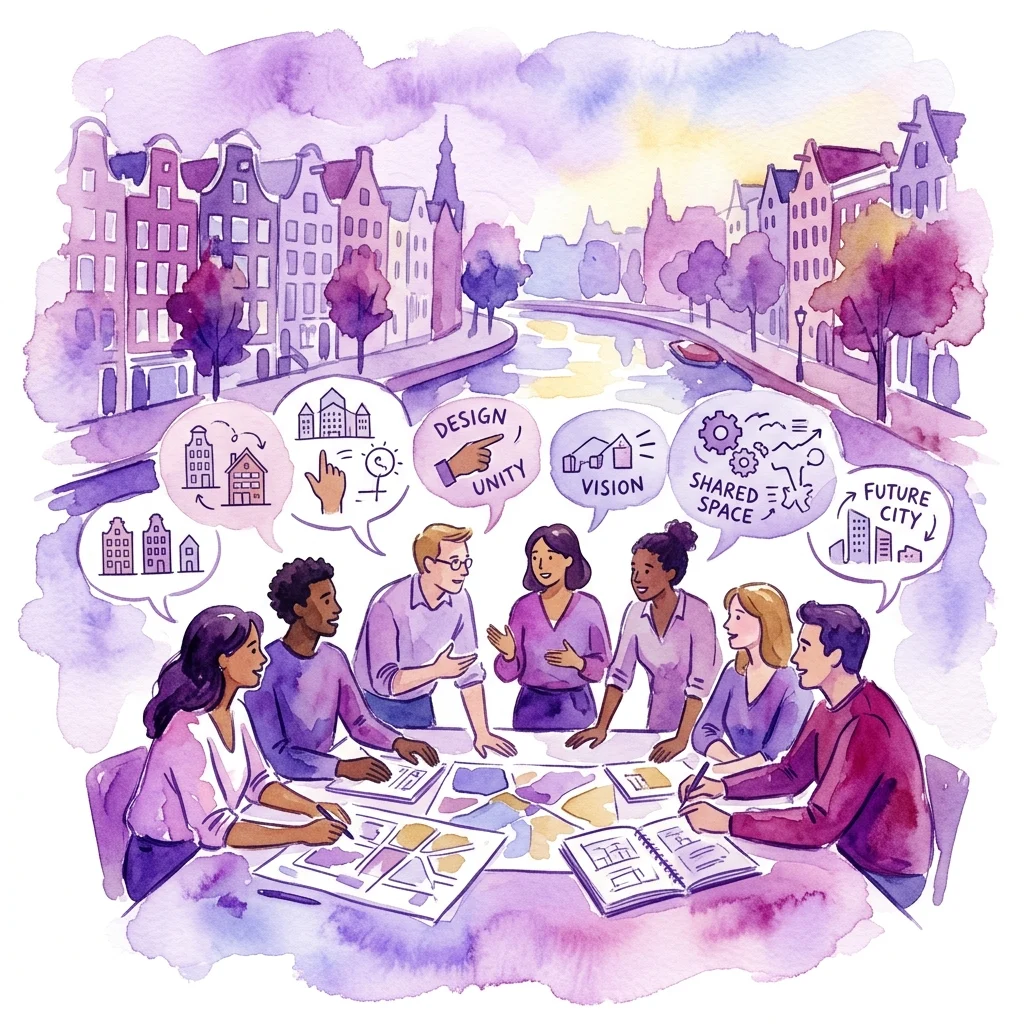 A watercolor illustration of diverse people collaborating around a table with maps and sketches, set against a backdrop of Amsterdam's canal houses, representing the De Subjectieve Atlas van Amsterdam project.
