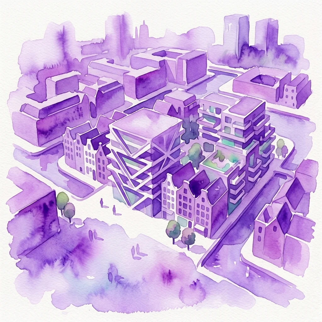 Ilustracja akwarelowa krajobrazu miejskiego Amsterdamu, prezentująca mieszankę historycznych i nowoczesnych budynków, w tym odrestaurowane obiekty z elementami zrównoważonego projektowania, podkreślająca odnowę architektoniczną i ochronę dziedzictwa.