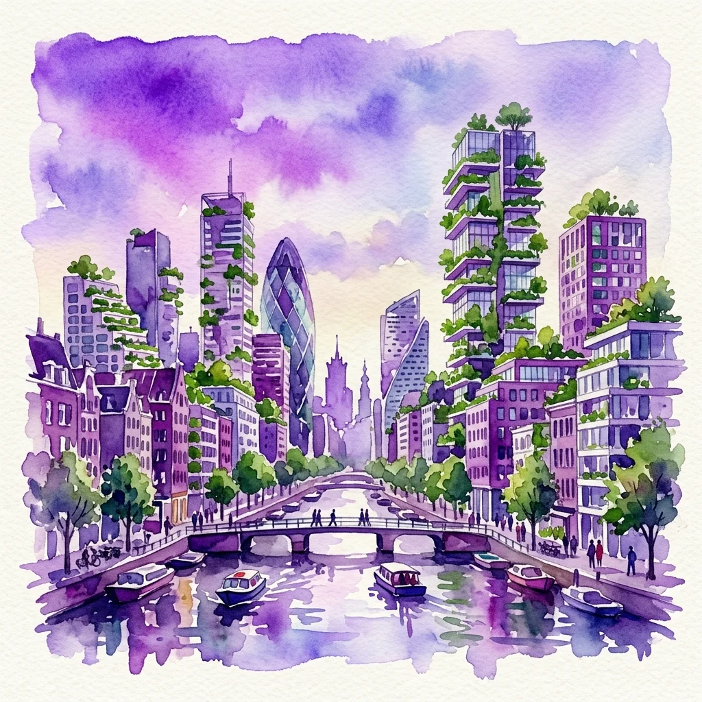 Ilustracja akwarelowa przedstawiająca panoramę Amsterdamu z nowoczesnymi zielonymi budynkami porośniętymi bujną roślinnością, kanałami i mostami, podkreślająca zrównoważoną architekturę miejską.