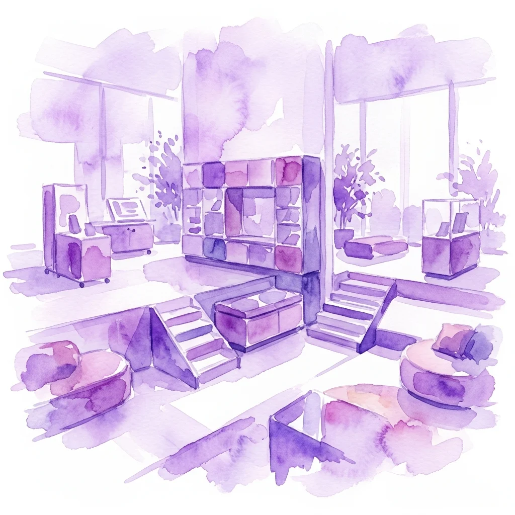 Ilustración en acuarela de un diseño de exposición modular que presenta gabinetes móviles, un mueble de pared conector y áreas de asiento integradas en un espacio moderno.