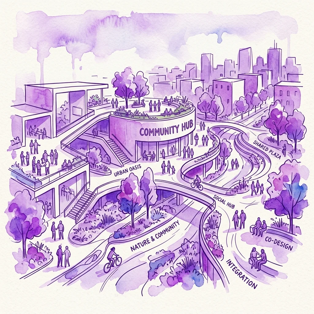 Conceptuele aquarelillustratie van een ontwerp voor een gemeenschapscentrum in Hart van Holendrecht, Amsterdam, met een centraal ontmoetingspunt, gedeelde plaza, stedelijke oase en paden voor natuur en gemeenschap, met de nadruk op sociale interactie en integratie.