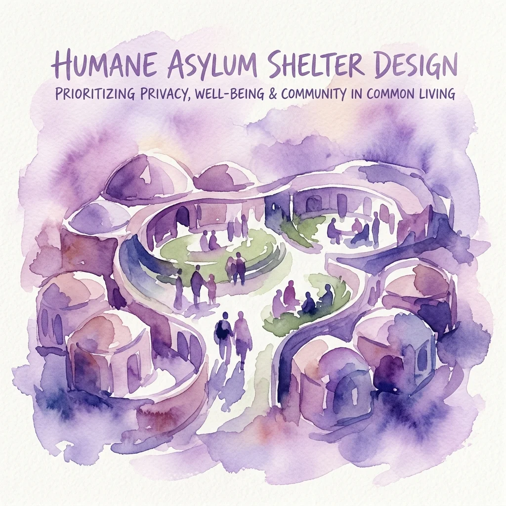 Watercolor illustration of a humane asylum shelter design, showing circular domed structures and communal green spaces with people interacting, emphasizing privacy, well-being, and community.
