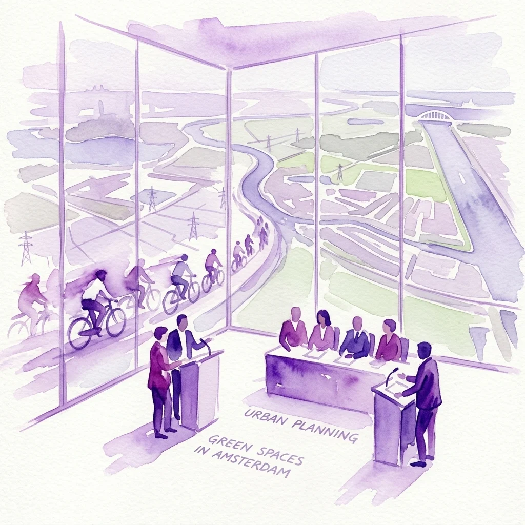Een geïllustreerde scène van een debat over stadsplanning en groene ruimtes in Amsterdam, met deelnemers aan het woord op podia in een modern gebouw en fietsers op een fietstocht zichtbaar door grote ramen.