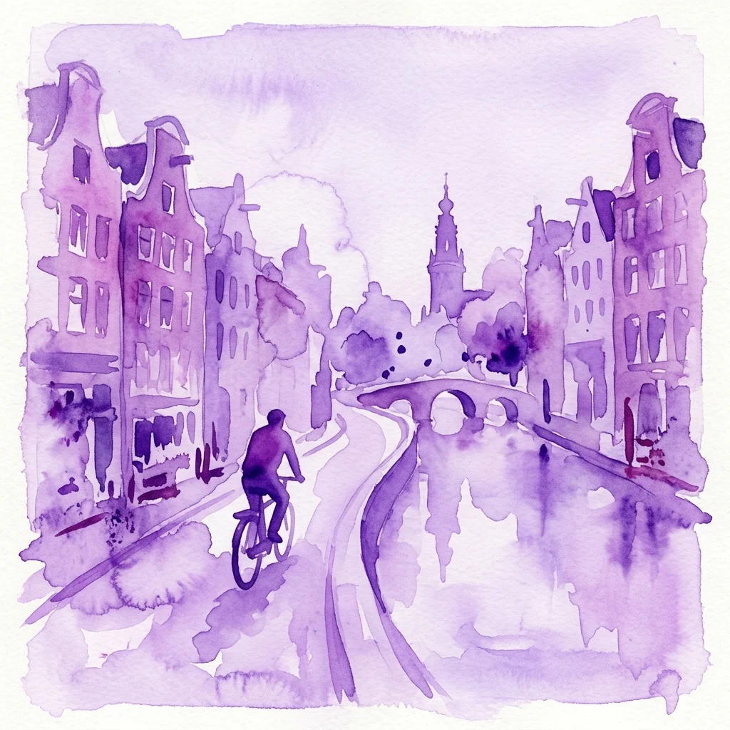 Een paarse aquarelillustratie van een fietser op een pad langs een gracht in Amsterdam, met traditionele Nederlandse gebouwen en een brug op de achtergrond, die een reis door de geschiedenis van Turkse gastarbeiders weergeeft.