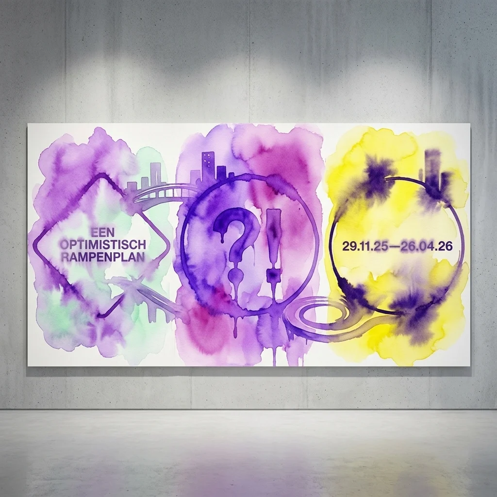 A large abstract watercolor artwork titled 'Een Optimistisch Rampenplan' displayed in a gallery, featuring purple and yellow hues with city silhouettes, question marks, and exclamation points, representing themes of circular economy and future urban design.