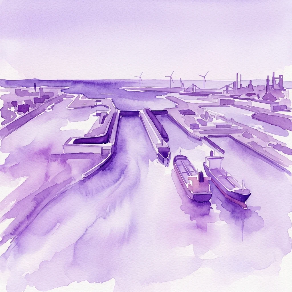 Fioletowa ilustracja akwarelowa śluzy w IJmuiden, przedstawiająca duże wrota śluzy, infrastrukturę przemysłową i statki nawigujące po drodze wodnej pod czystym niebem.