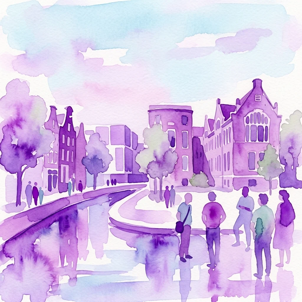 Watercolor illustration of Amsterdam's canal scene with historic and modern buildings, people walking along the water, and purple-hued trees under a clear sky.