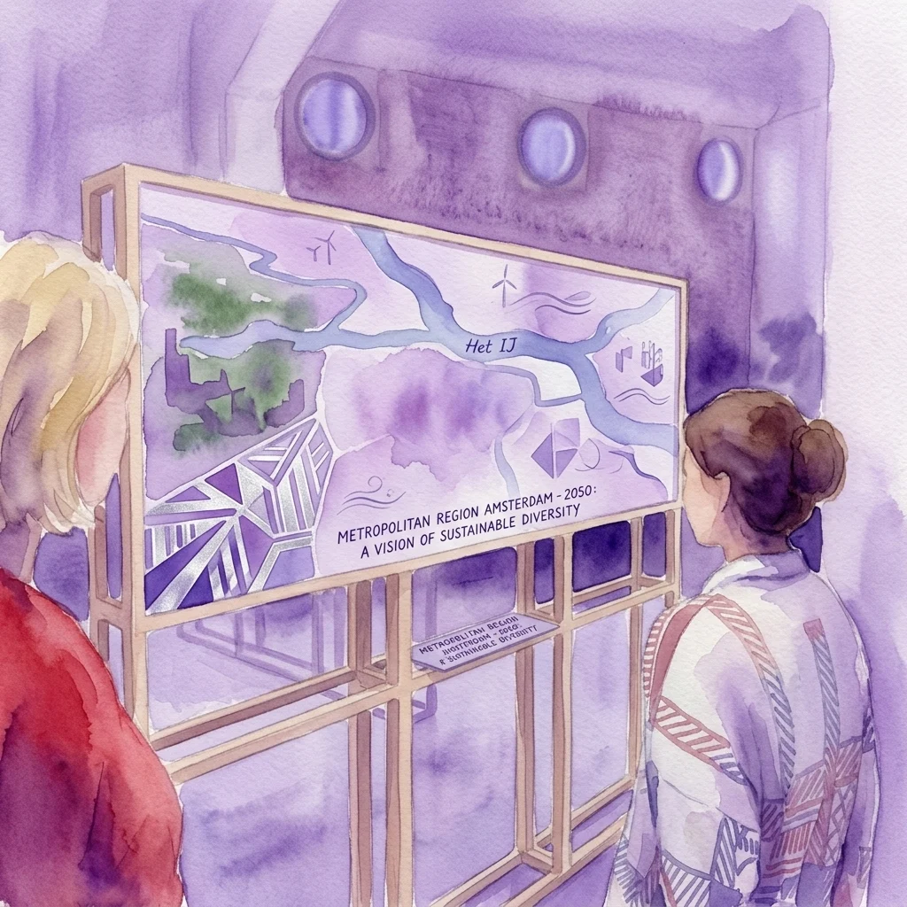 Two visitors view a watercolor illustration of a futuristic map titled 'Metropolitan Region Amsterdam - 2050: A Vision of Sustainable Diversity,' depicting urban development scenarios with wind turbines, waterways, and green spaces.
