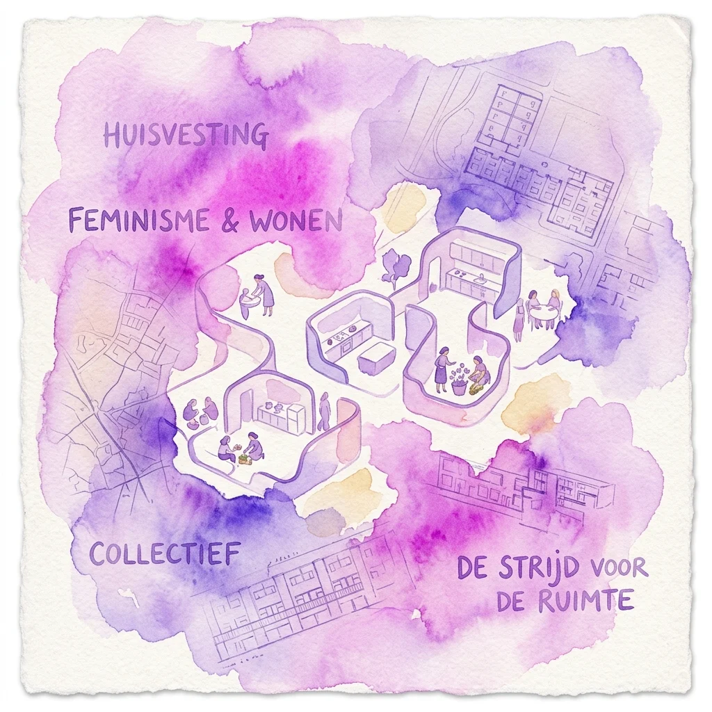 Conceptuele aquarelillustratie van feministische perspectieven op naoorlogse huisvesting, met Nederlandse architecturale interventies en archiefelementen uit de jaren '70-'80, met Nederlandse tekstlabels waaronder 'HUISVESTING', 'FEMINISME & WONEN', 'COLLECTIEF' en 'DE STRIJD VOOR DE RUIMTE'.