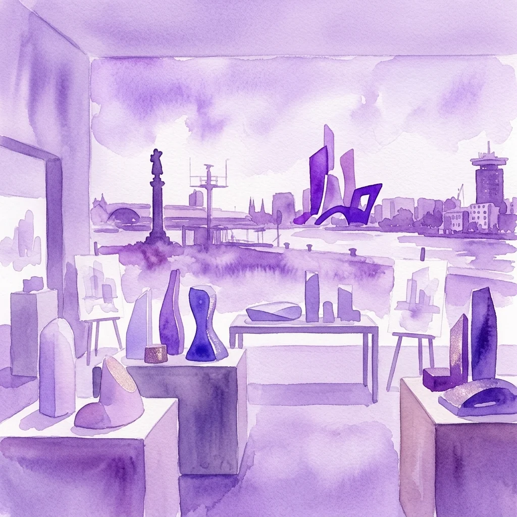 Een aquarelillustratie van een tentoonstellingsinterieur met architectonische modellen en renderings van ongebouwde structuren voor de Kop van Java in Amsterdam, met een paars getinte stadsgezicht op de achtergrond.