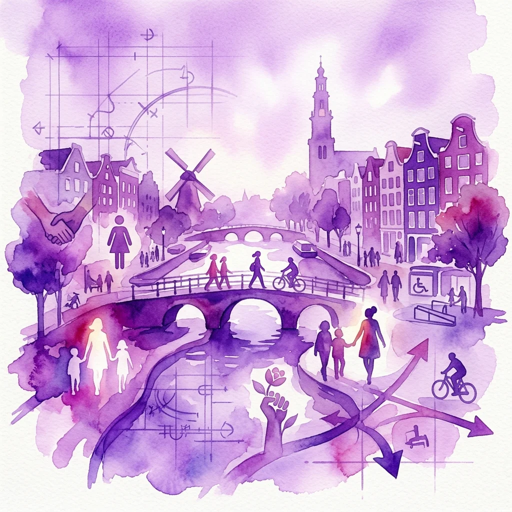 Watercolor illustration of Amsterdam's urban landscape with purple hues, featuring canals, bridges, traditional buildings, and diverse figures including families, cyclists, and a raised fist symbolizing feminist urban planning concepts.