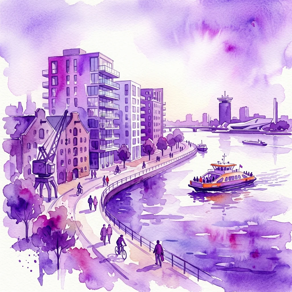 Una ilustración en acuarela de un paseo panorámico a lo largo de la orilla del IJ de Ámsterdam, con edificios residenciales modernos, un ferry y gente caminando y en bicicleta por un sendero frente al mar.