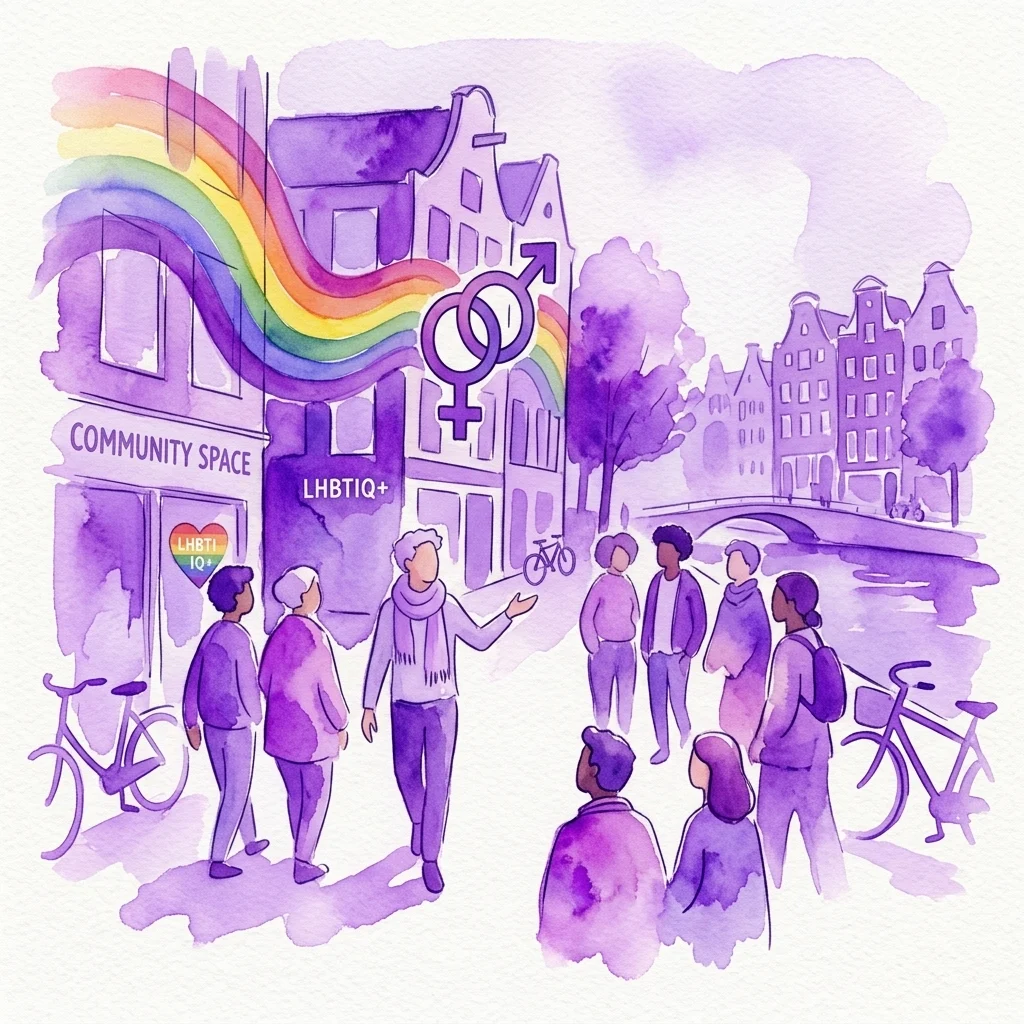 Ilustracja akwarelowa queerowego spaceru architektonicznego po Amsterdamie, przedstawiająca przewodnika prowadzącego grupę ulicami z tęczowymi flagami, symbolami płci i budynkami z oznaczeniem „Community Space” i „LHBTIQ+”.