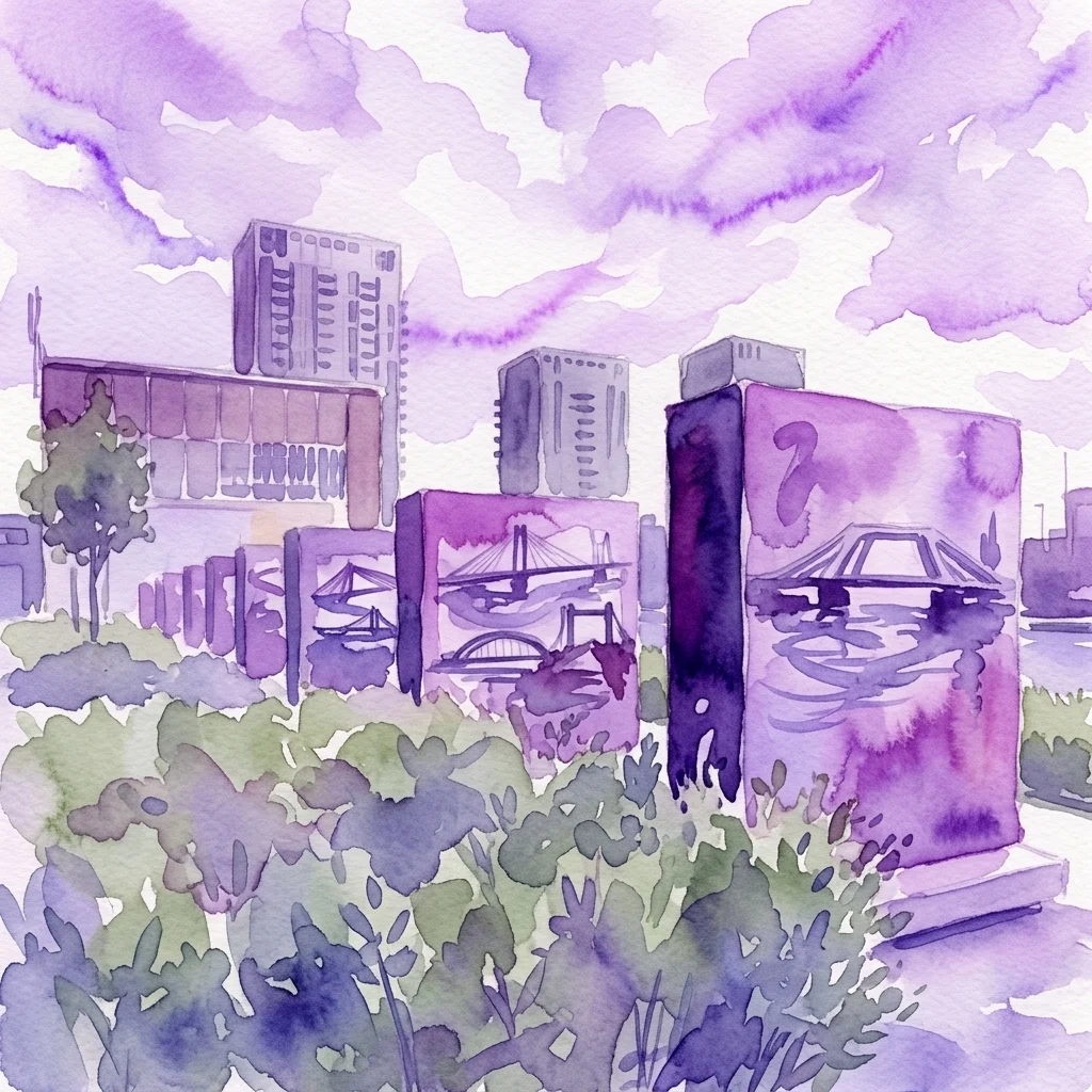 Ilustracja akwarelowa plenerowej wystawy fotograficznej przedstawiającej wielkoformatowe panele ze zdjęciami mostów, na tle amsterdamskiej promenady z nowoczesnymi budynkami i purpurowym niebem.