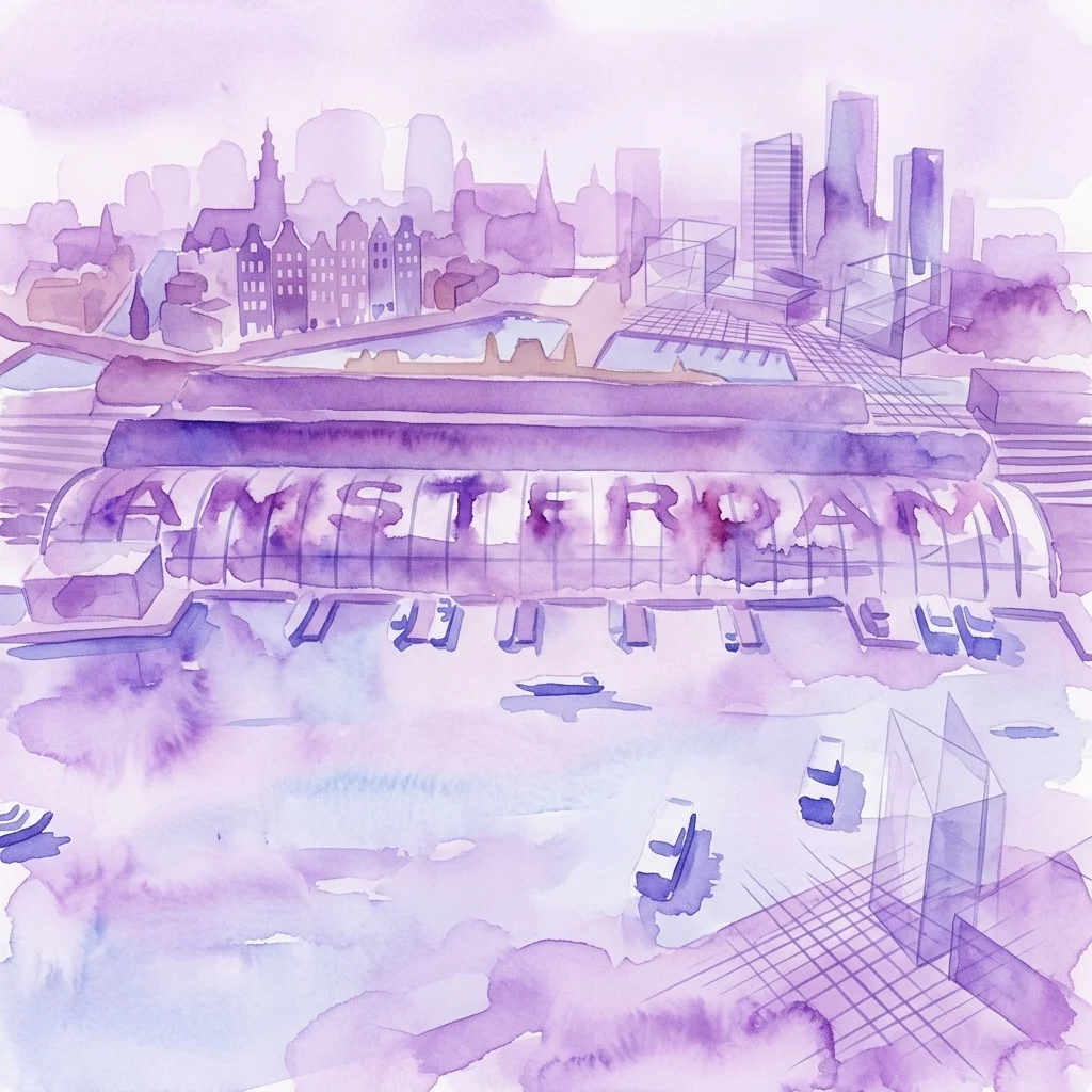 A watercolor illustration of Amsterdam's cityscape, blending historic buildings with modern skyscrapers, featuring the word 'AMSTERDAM' in large letters over a waterfront scene with boats and architectural models.