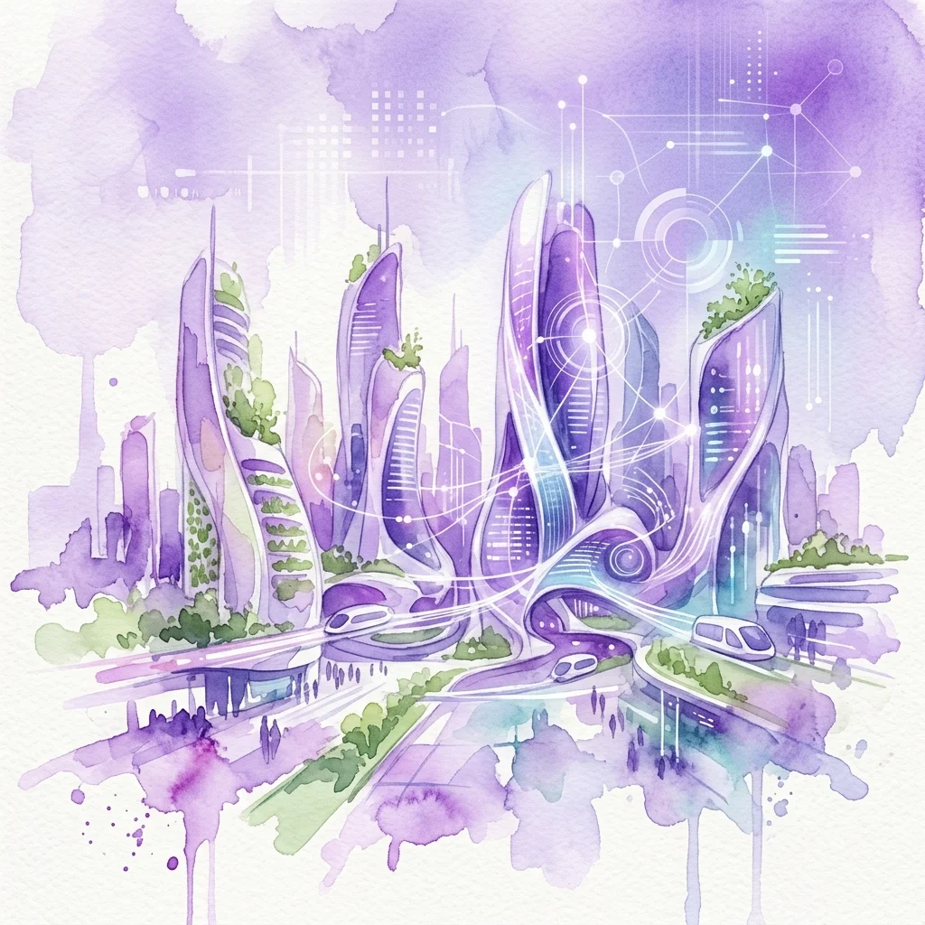 Een aquarelillustratie van een futuristische stad met strakke paarse wolkenkrabbers, groene verticale tuinen en digitale netwerk-overlays, die smart city-technologie en duurzaam stedelijk ontwerp vertegenwoordigen.