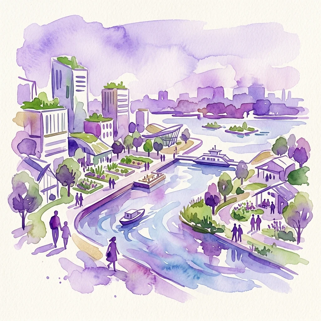 Ilustracja akwarelowa Amsterdam Noord, przedstawiająca nowoczesne budynki z zielonymi dachami, kanał z łodziami i ludzi spacerujących wzdłuż nabrzeża, przywołująca tematykę zrównoważonego rozwoju miejskiego i eksploracji społeczności.