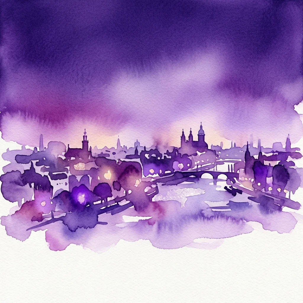 Fioletowy obraz akwarelowy przedstawiający nocną panoramę metropolii Amsterdamu, z mostami, budynkami i oświetlonymi obszarami, przywołujący tematykę miejskiej odporności i bezpieczeństwa.