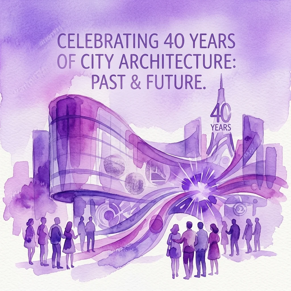 Ilustracja akwarelowa upamiętniająca 40 lat architektury miejskiej z sylwetkami ludzi, nowoczesnymi budynkami i tekstem 'Celebrując 40 lat architektury miejskiej: Przeszłość i Przyszłość' w odcieniach fioletu.