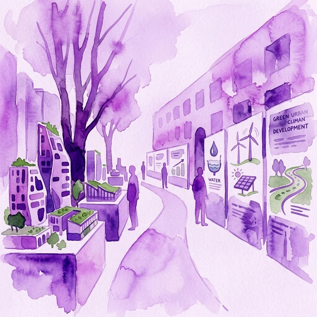 Ilustración en acuarela de una exposición sobre desarrollo urbano verde en Ámsterdam, con maquetas de edificios sostenibles y exposiciones sobre agua, energía y adaptación climática.