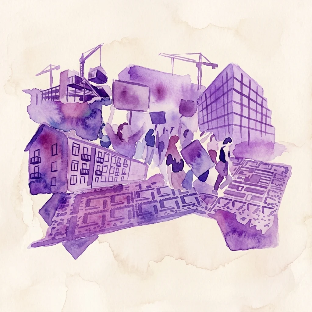 Een aquarelillustratie in paarse tinten die architectonische schetsen, bouwkranen, gebouwen en gemeenschapsfiguren afbeeldt, die collaboratieve stadsprojecten in Amsterdam vertegenwoordigen.
