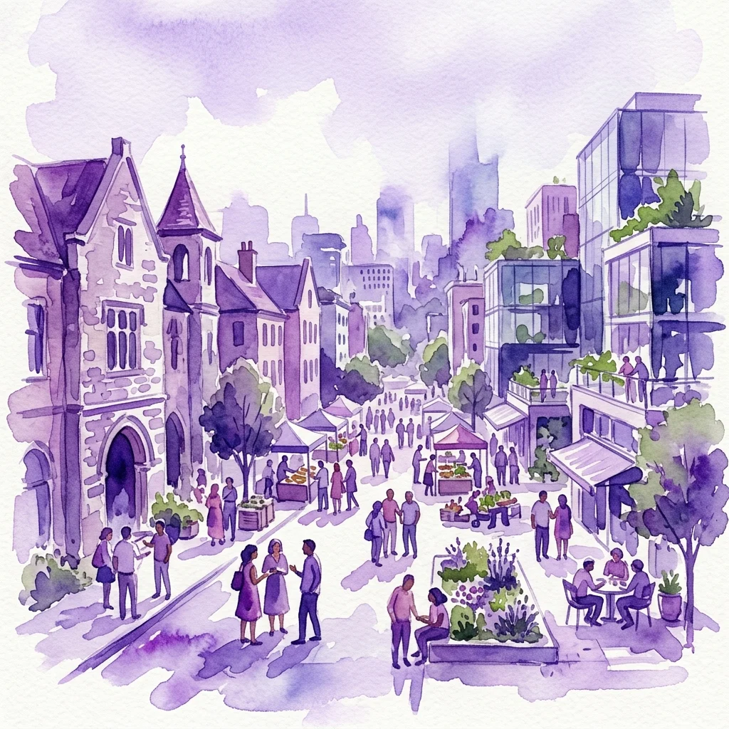 Ilustración en acuarela de un vibrante barrio urbano que mezcla edificios históricos de piedra con estructuras modernas de vidrio, con gente reunida en puestos de mercado y espacios comunes, reflejando temas de participación comunitaria y diálogo arquitectónico.