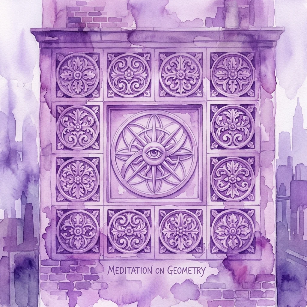 Una ilustración en acuarela de una ornamentada fachada arquitectónica con intrincadas tallas geométricas y florales, con un medallón central que contiene un símbolo de ojo, sobre un fondo de paisaje urbano de tono púrpura.