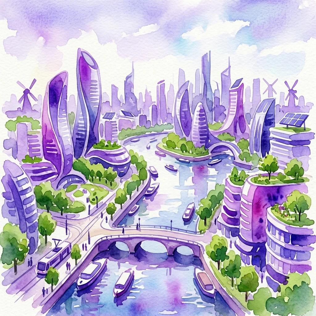 Watercolor illustration of a futuristic Amsterdam cityscape featuring modern purple skyscrapers, green rooftops, canals, bridges, and wind turbines, representing the Haven-Stad urban development project.