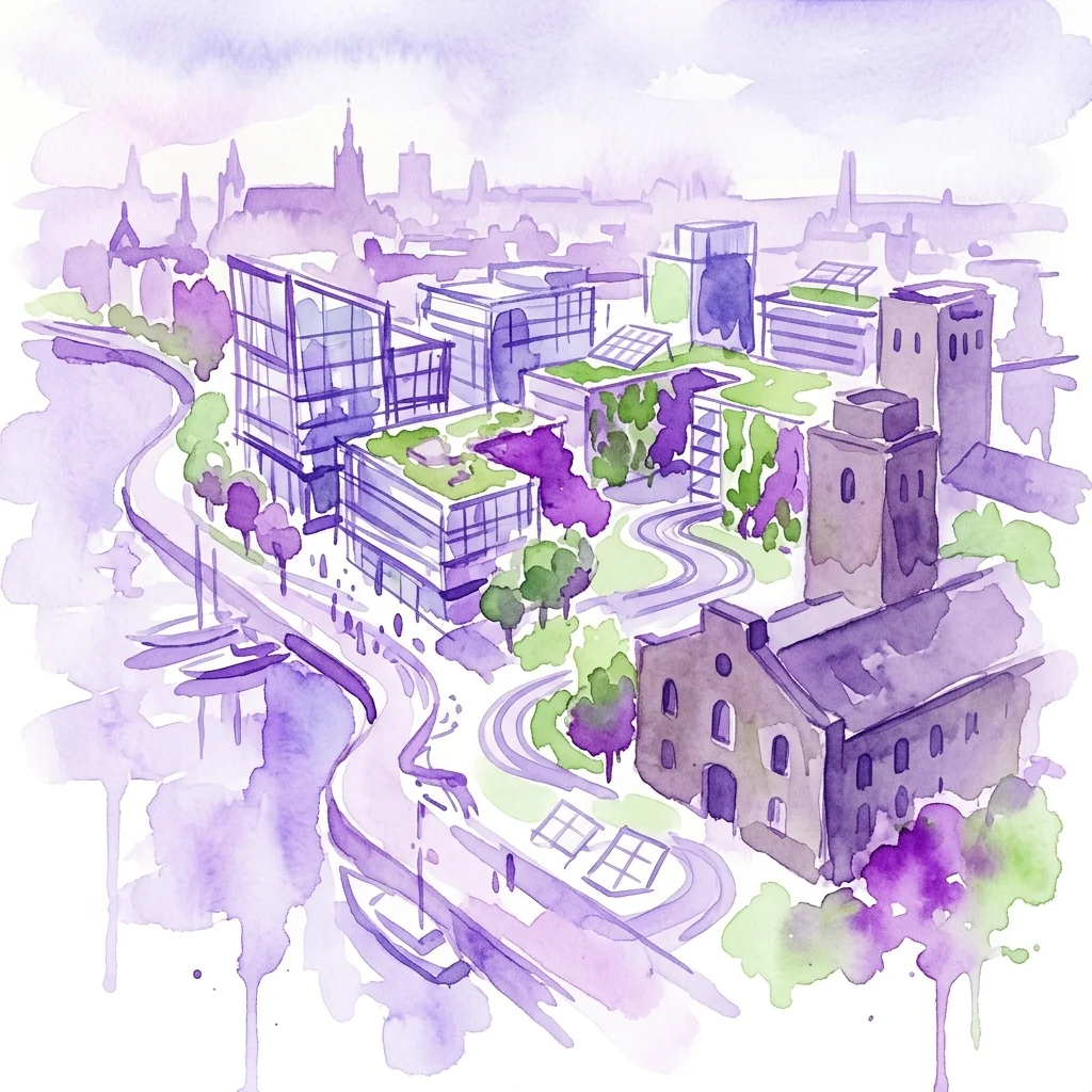 Een aquarelillustratie van het Marineterrein in Amsterdam, met een mix van moderne gebouwen met groene daken, historische bouwwerken en ruimtes aan het water, die de stedelijke transformatie benadrukt.