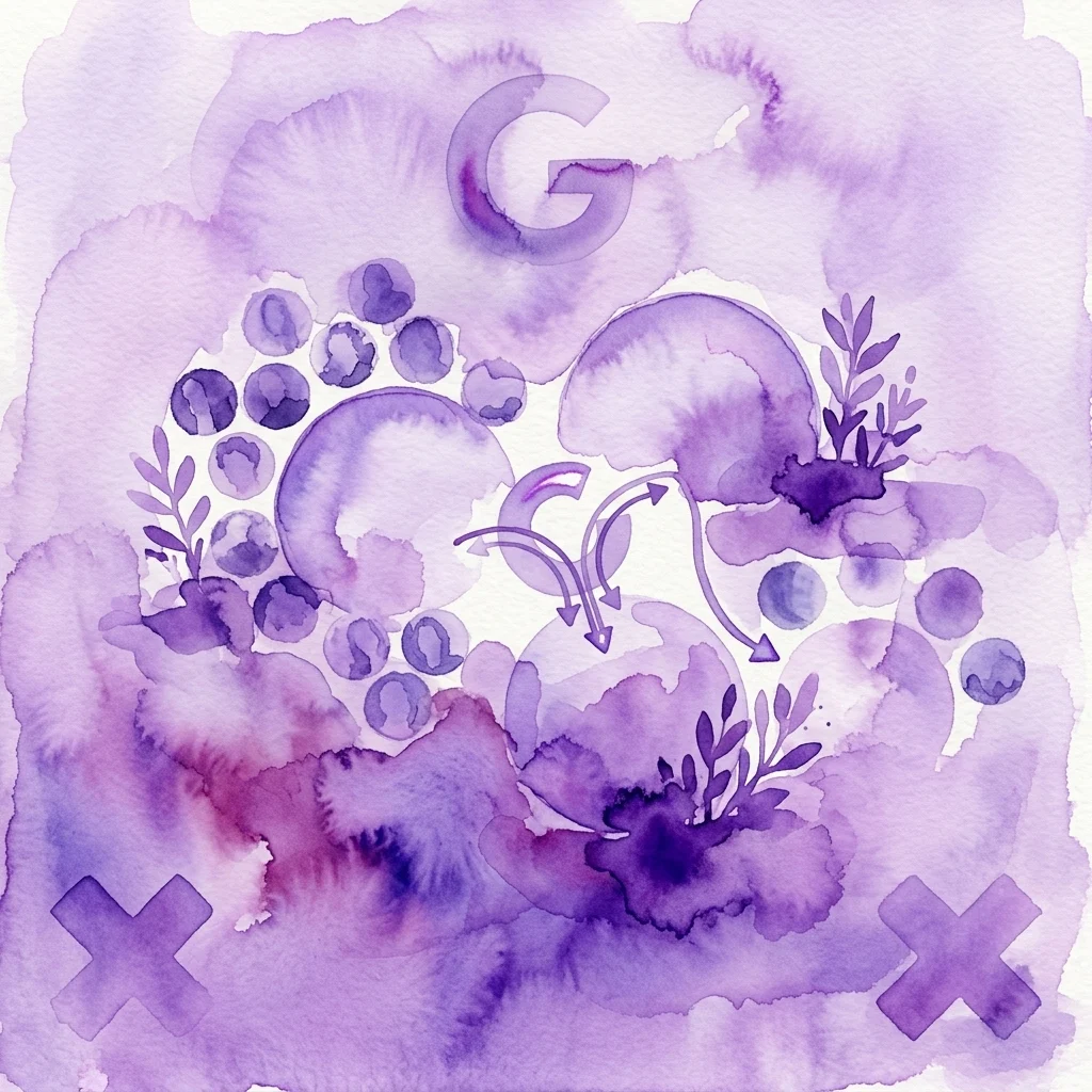 A purple watercolor illustration featuring abstract shapes, arrows, and symbols, representing conceptual design for coastal resilience and future planning.