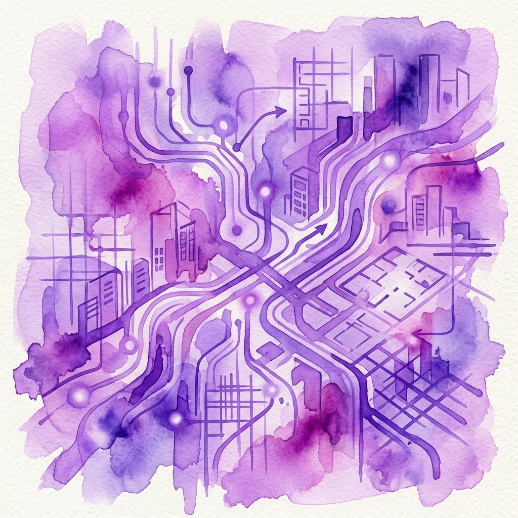 Fioletowa akwarelowa ilustracja połączonych strumieni danych i planów architektonicznych, symbolizująca związek między technologią a projektowaniem urbanistycznym.