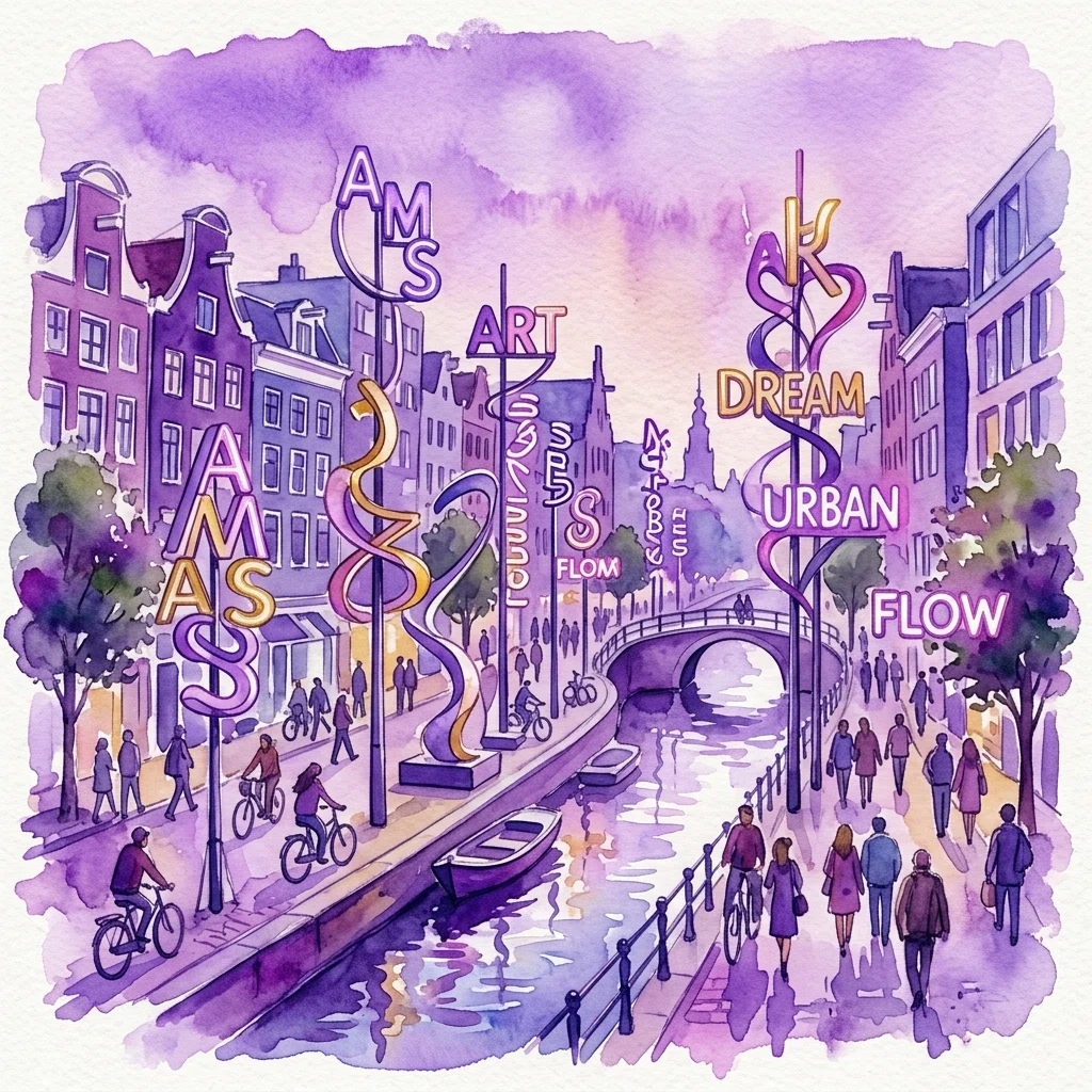 Een aquarelillustratie van het Amsterdamse stadslandschap met hedendaagse sculpturen en typografische installaties van Martijn Sandberg, met woorden als 'AMSTERDAM', 'ART', 'DREAM' en 'URBAN FLOW' geïntegreerd in de scène.