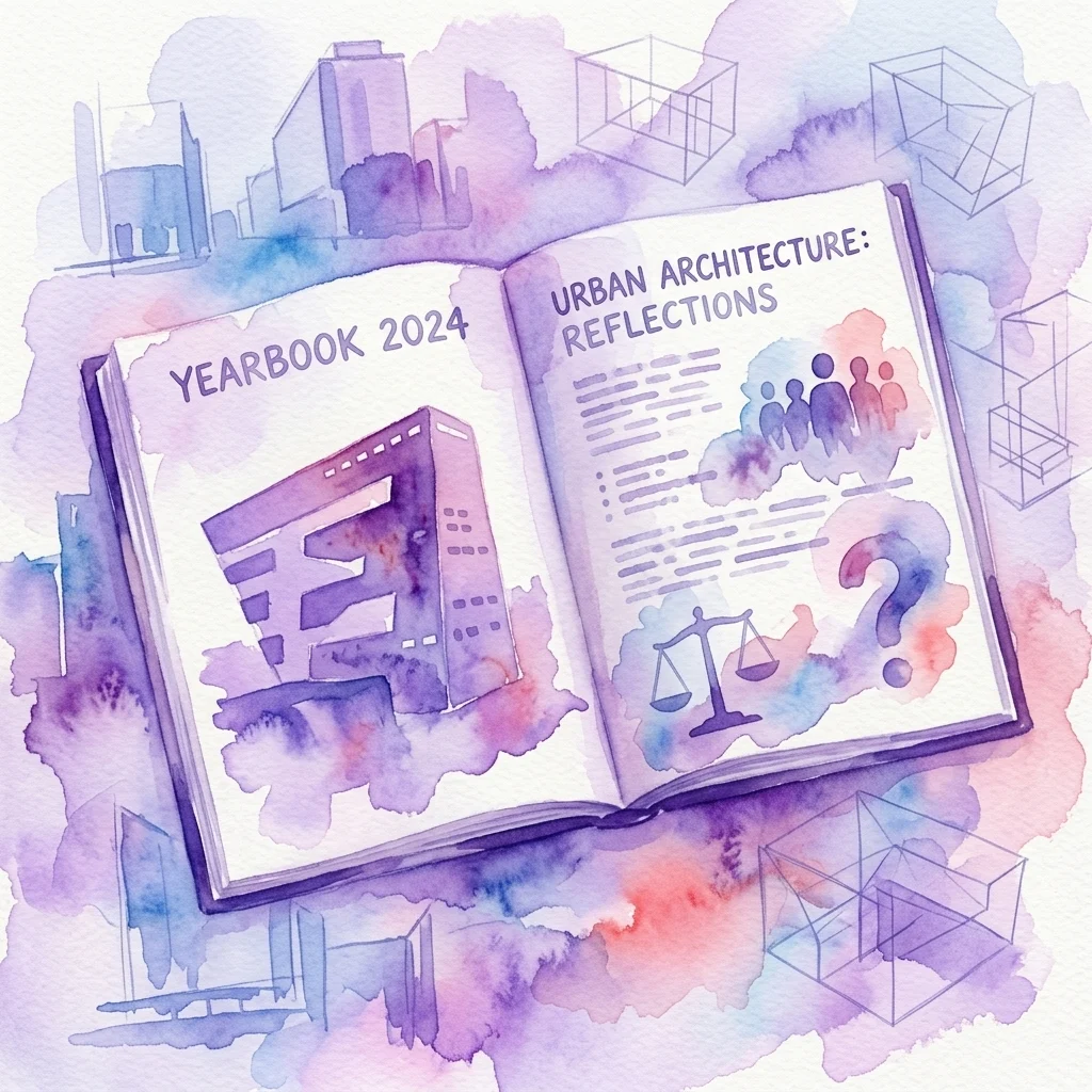 Una ilustración abierta en acuarela del Anuario 2024, que presenta una página titulada 'Arquitectura Urbana: Reflexiones' con bocetos arquitectónicos e imaginería simbólica como una balanza y un signo de interrogación, sobre un fondo de edificios de la ciudad.